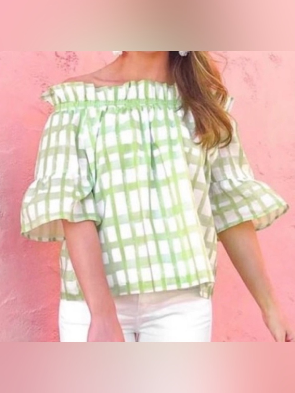 Brooke Wright Coco Off-Shoulder Green Plaid Ruffle Sleeve Blouse